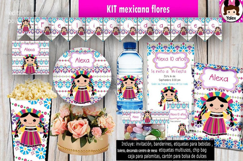 Kit Imprimible Fiesta Mexicana Muñeca Trapo Flores Editable
