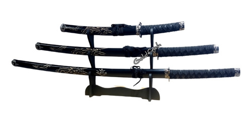 Set Triple Katana Juego X3 Con Soporte Atril Sin Filo Negra