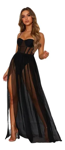 L Maxi Vestido Largo Transparente De Encaje Blanca Para