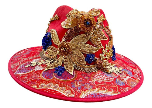 Sombrero De Gamuza Rojo Con Flores Bordadas, Azul Y Dorado