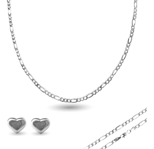Set Joyeria Cadena Collar Dije Plata Fina 925tejido Eslabon 3 X 1 Calibre 40 Y 45 Cm Con Aretes Corazon De Regalo Para Mujer Moda Modernos Minimalistas Ideal Para Regalar En Ocasiones Especiales