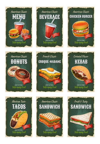 Carteles Metalicos Pack 9 Placas Sandwich Local Comida 20x30