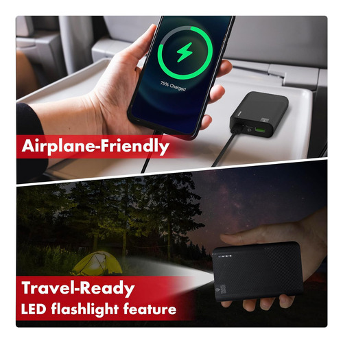Cargador portátil Travel Depot 6000 mAh, tres puertos, carga rápida, linterna incorporada, USB-C, compatible con iPhone y Android.