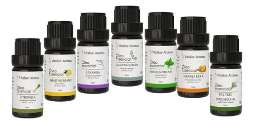 Kit 7 Óleos Essenciais Vitalize Aromas 100% Puros p/ Aromaterapia
