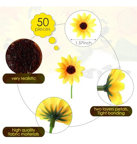 50 Piezas De Mini Cabezas De Girasol Artificial Con Tallos D
