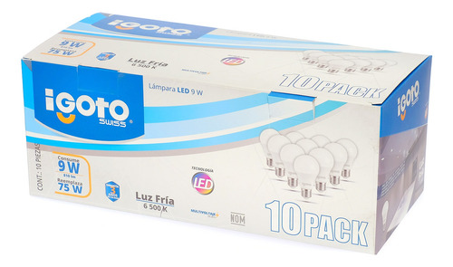 Paquete 10 Focos Led 9w Igoto A60 Luz Fría P10109 100-24v