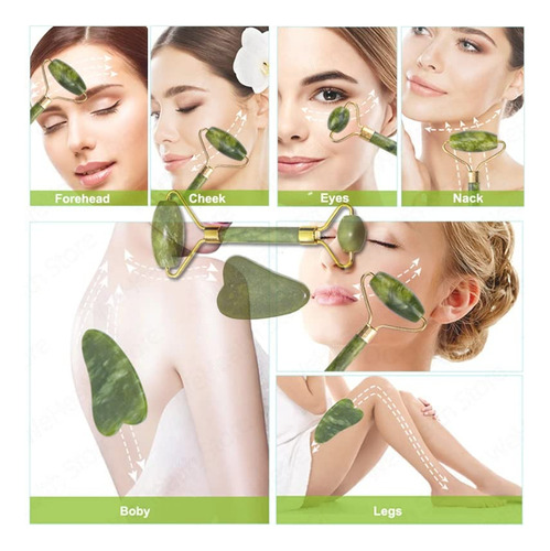 Massageador Rolo Jade + Espátula Facial Jade Gua Sha