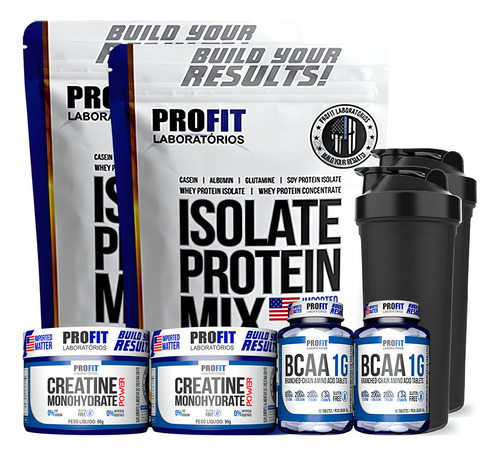 Kit 2 Whey Isolado Profit 900g + 2 Bcaa 2 Creatina 2 Shaker Sabor Cookies And Cream