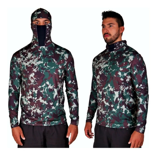 Camisa De Pesca Proteção Uv50+ Com Touca Ninja Camuflado 