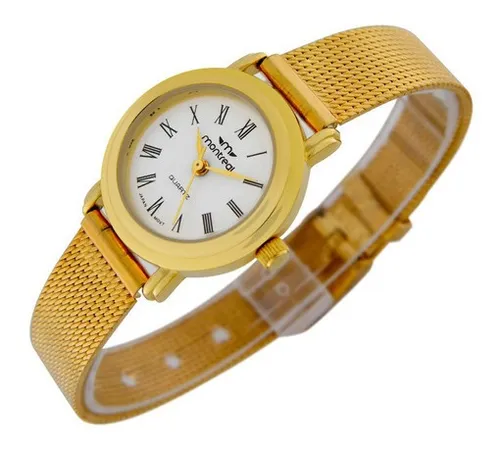 Reloj Montreal Mujer Ml1094 Malla De Acero Tejido Dorado