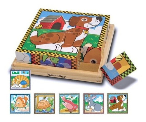 Melissa & Doug Pets Wooden Cube Puzzle With Storage Tray (16