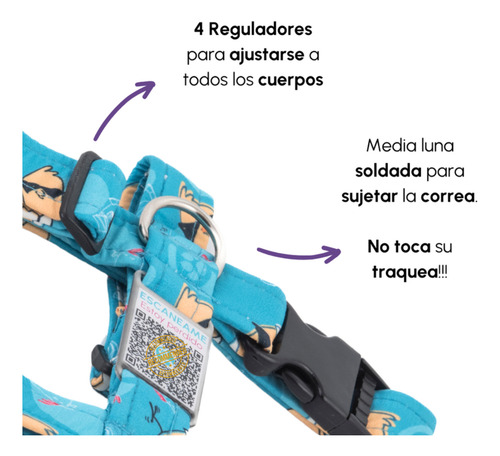 Arnés Pretal Con Placa Qr Antitirones Ajustable Para Perros Azul Marino M Pollitos