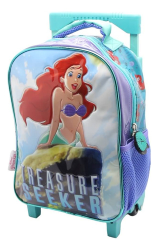 Mochila Escolar La Sirenita Disney Tesoro Con Carro Color Celeste Diseño de la tela Liso