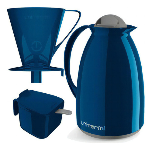 Termo Unitermi Verona Conjunto com 03 peças azul garrafa térmica açucareiro coador de plástico 650mL termo