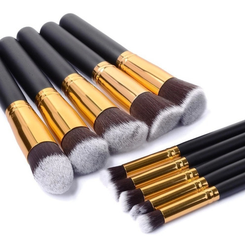 Mebix TRD Set de 10 Brochas para Maquillaje Profesional con Cerdas Suaves y Resistentes, Diseño en Negro y Dorado, Ideal para Aplicación de Base, Sombras y Polvo Compacto