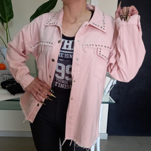 Chaqueta Mezclilla Y Tachas Jeans Moda Mujer Envio Gratis