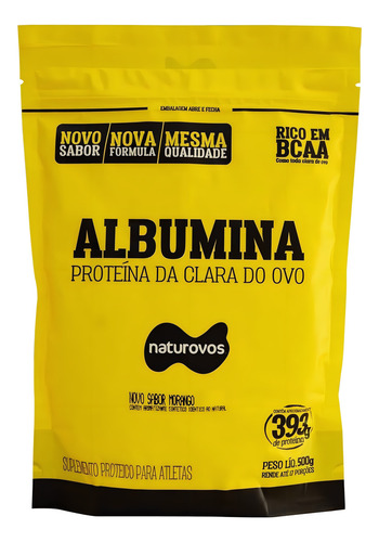 Suplemento en polvo de proteína de albúmina con sabor a fresa de Naturovos en una bolsita de 500 g