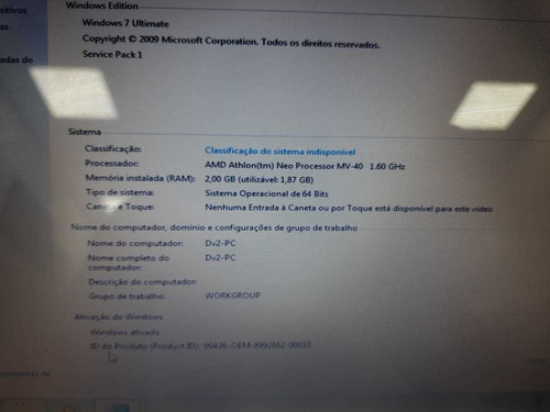 Notebook Hp Dv2 Amd Athlon 1.60ghz 2gb Ram Hd 250gb Detalhes