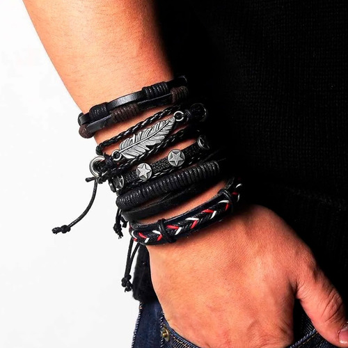 Pulseras Set 5 En 1 Brazalete Cuero Diseños Unisex