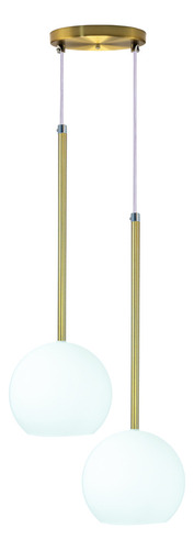 Pendente Lux Duplo Dourado Globo Vidro Branco Fosco + Led