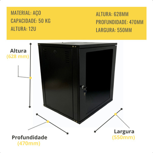 Mini Rack De Parede 12u X 470mm Padrão 19 Desmontável Preto