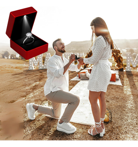Caja Para Anillo De Compromiso Con Luz Led Estuche Joyero Rojo