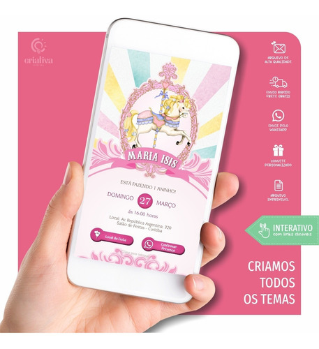 Convite Digital Virtual Aniversário Carrossel Mágico Rosa