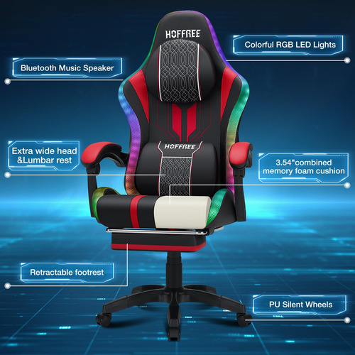 Hoffree Silla Led Para Juegos De Masaje Con Altavoces Silla Rojo/ Negro Material Del Tapizado