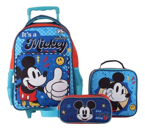 Mochila Escolar Mickey Mouse Con Ruedas + Lonchera+estuche