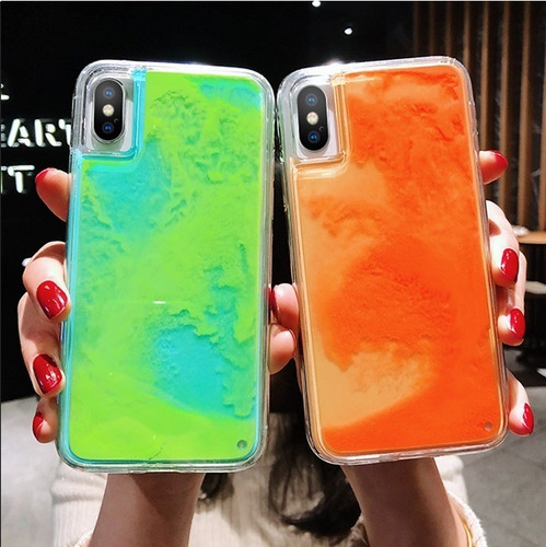 Case Para iPhone Arena Luminosa Liquido Brilla En Oscuridad Dama Hombre Mujer Neon Glow Goma Gruesa Uso Rudo Resistente