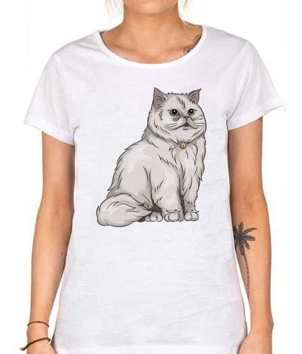 Remera De Mujer Gato Persa Ojos Verdes Sentado