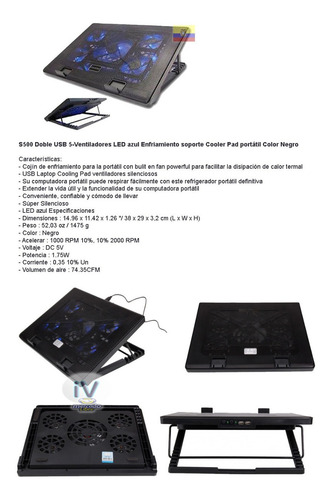 Imagen 5 de 5 de Base Enfriadora 5 Ventiladores Inclinable 5 Posiciones Usb