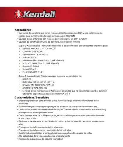 Aceite 15w40 Kendall Super-d Xa Api Ck-4 P/diesel - Cubeta
