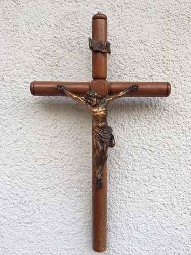 Cruz Crucifijo Madera Caoba Figura Bronce Macizo