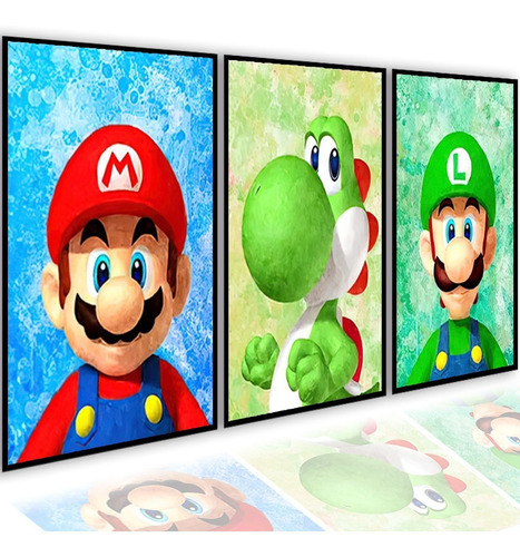 Quadros Decorativos Quarto Sala Super Mario Trio Kit 3 Peça Cor BORDA Cor da armação Borda Preta