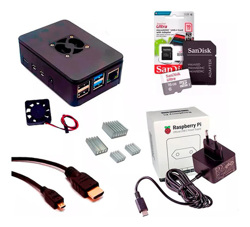 Case, Fonte Oficial, Cooler Fan + 16gb P/ Raspberry Pi4 Nfe