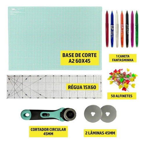 Kit Base Para Corte Patchwork Regua 60 Cortador Tecido 45mm Cor Base Tiffany