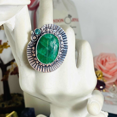 Imagen 4 de 8 de Anillo Plata India Esmeralda Facetada Y Topacio Azul N15- Ae