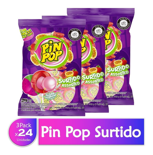 Chupete Pin Pop Relleno De Goma De Mascar 3 Paquetes X24 Uds