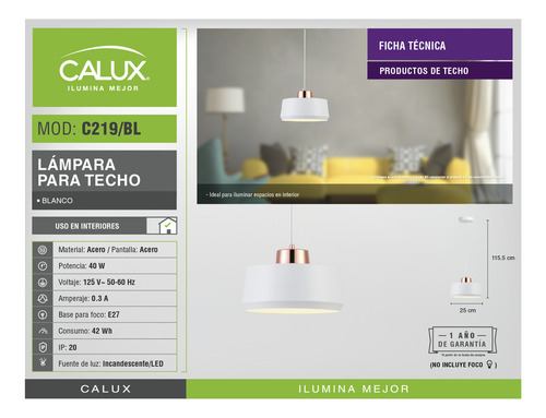 C219/bl luminario colgante para techo Calux color blanco