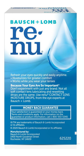 Gotas Para Los Ojos Renu, Para El Alivio Del Enrojecimiento Y Los Ojos Secos, Lubricantes Y Rehumectantes, Para Uso Prolongado, Reemplazo Frecuente Y Lentes De Contacto Blandos Desechables 8 Ml