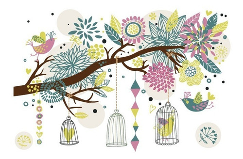 Vinil Decorativo Rama-i05 Árbol, Jaulas, Pájaros Y Flores. Color Multicolor