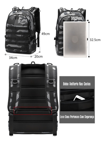 Mochila USB Pubg Level 3 grande camuflada para portátil P2, color negro/gris, diseño de tela lisa