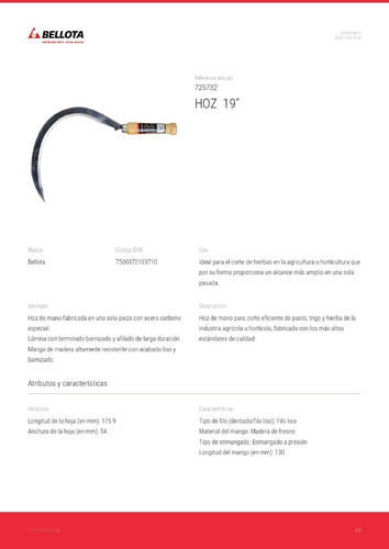 Hoz Basico #2 Modelo 2573-2 M Madera Herramienta Bellota