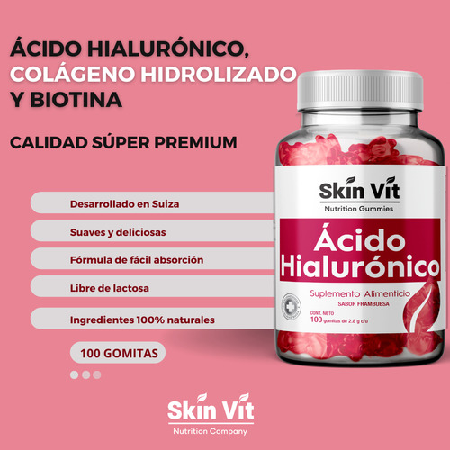 Gomitas Acido Hialuronico Premium Hidratación Y Elasticidad Sabor Frambuesa Skin Vit | Colágeno Hidrolizado, Biotina y Ácido Fólico