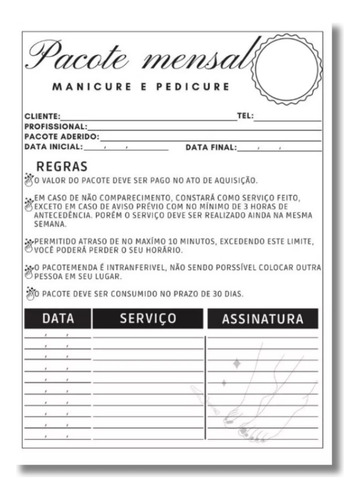 2 Ficha Pacote Mensal Para Manicure Pedicure Personalizado