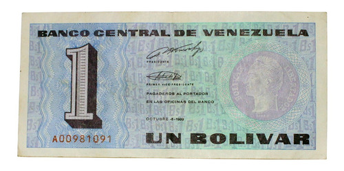 Billete De 1 Bolívar 5 De Octubre 1989 Serial A00981091