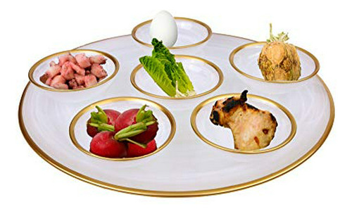 Alabaster White Seder Plate With Gold Rim And 6 Mini Removab