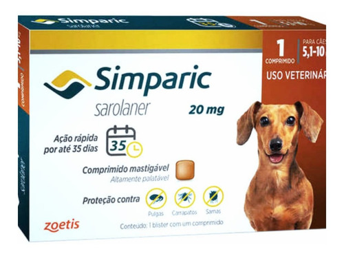 Simparic 20mg 5 A 10kg C/ 1 Comprimidos Mastigáveis - Zoetis