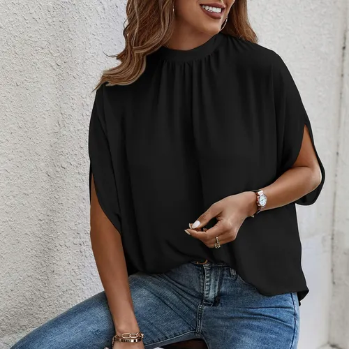 Women Top Loose Fitting Tie Back Short Sleeve Casual Batwing